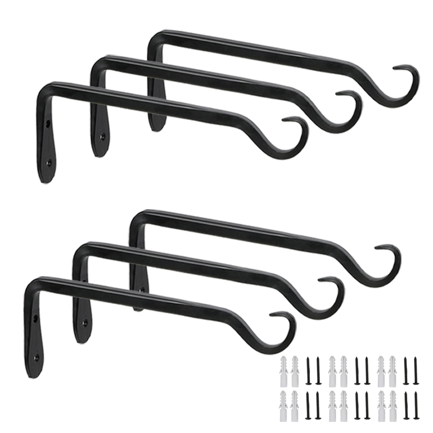 Worth 6-Pack 7" Plant Hanger Bracket, Forged Iron Black Hanging Hooks | Heavy Duty Wrought Hanging Plant Holder for Garden Fence, Wall Hooks for Bird Feeder, Indoor Outdoor Use - Mart Station