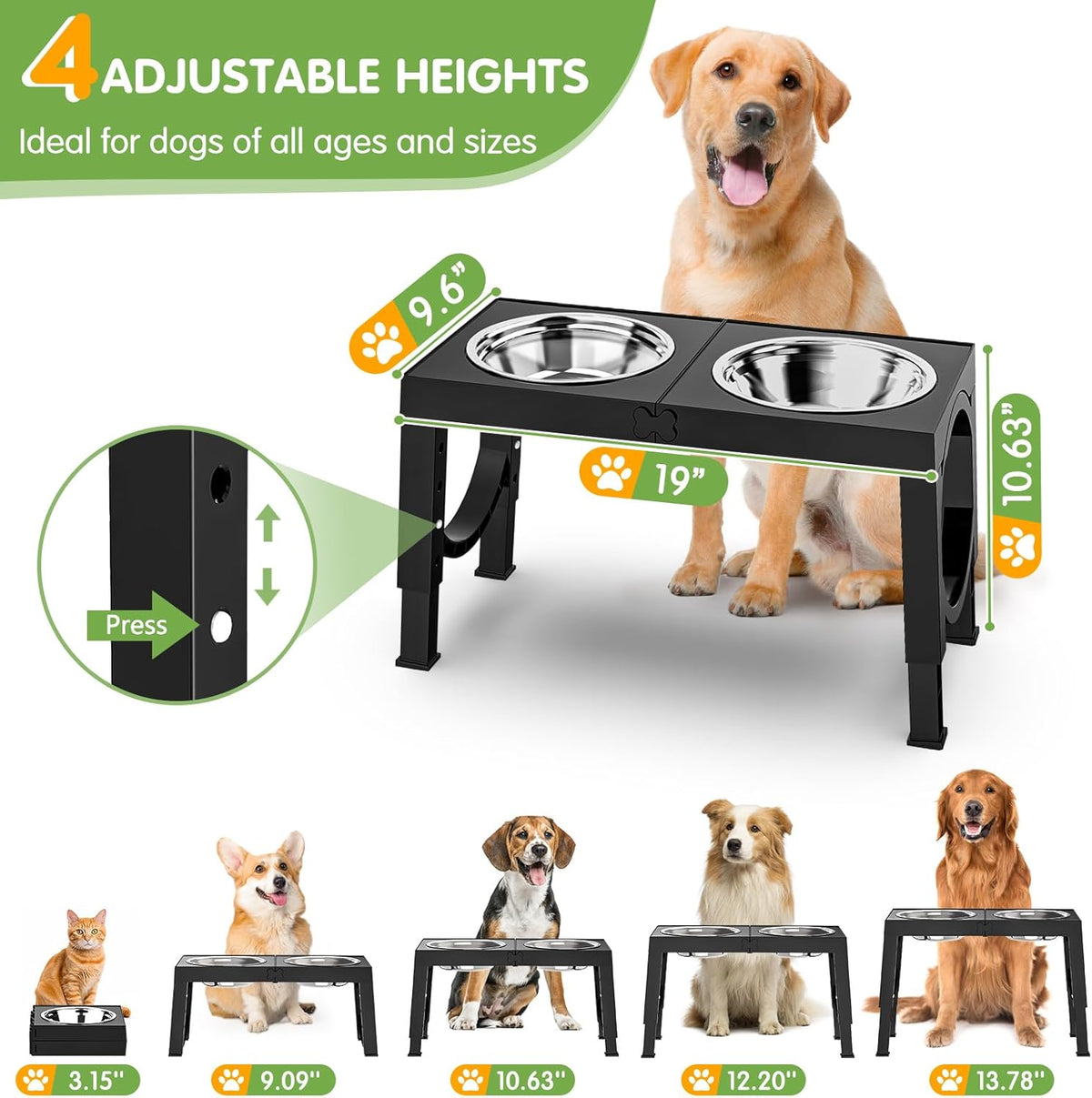 XIAZ Elevated Dog Bowls Large Breed Raised Dogs Bowl Stand Large/Medium Sized Dog 1L Food Water Bowl Stands 5 Heights Adjustable 9/11/12/14in Black Pet Feeder Dish Station - Mart Station
